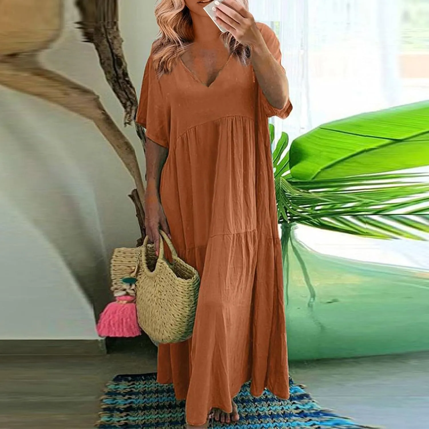 Plus Size Maxi Dresses for Curvy Women Summer Linen Dress Short Sleeve V Neck Long Sundress Flowy Beach Dress
