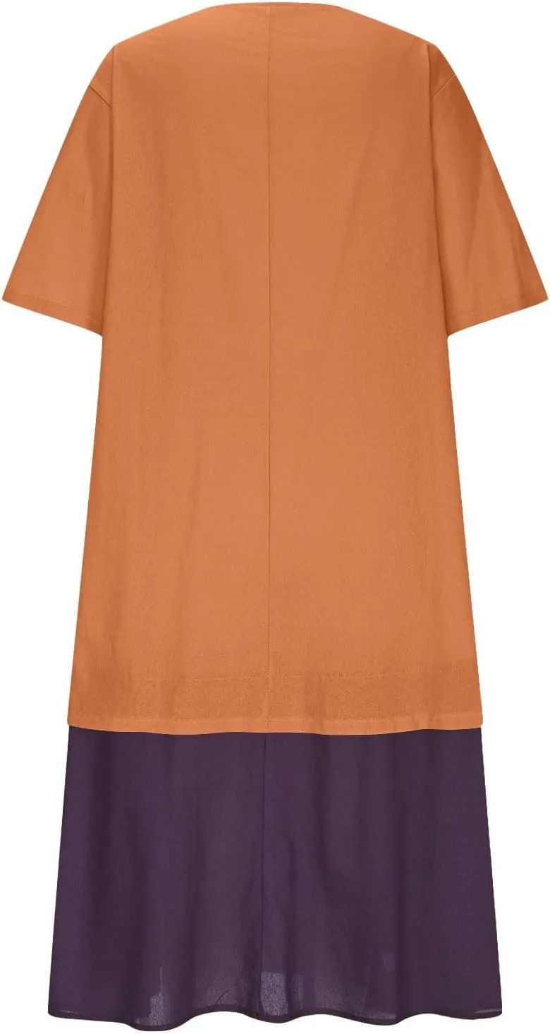 Plus Size Patchwork T Shirt Dress Women Summer Half Sleeve V Neck Flowy A-Line Dresses Color Block Fake Two Pieces
