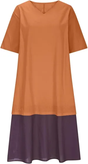 Plus Size Patchwork T Shirt Dress Women Summer Half Sleeve V Neck Flowy A-Line Dresses Color Block Fake Two Pieces