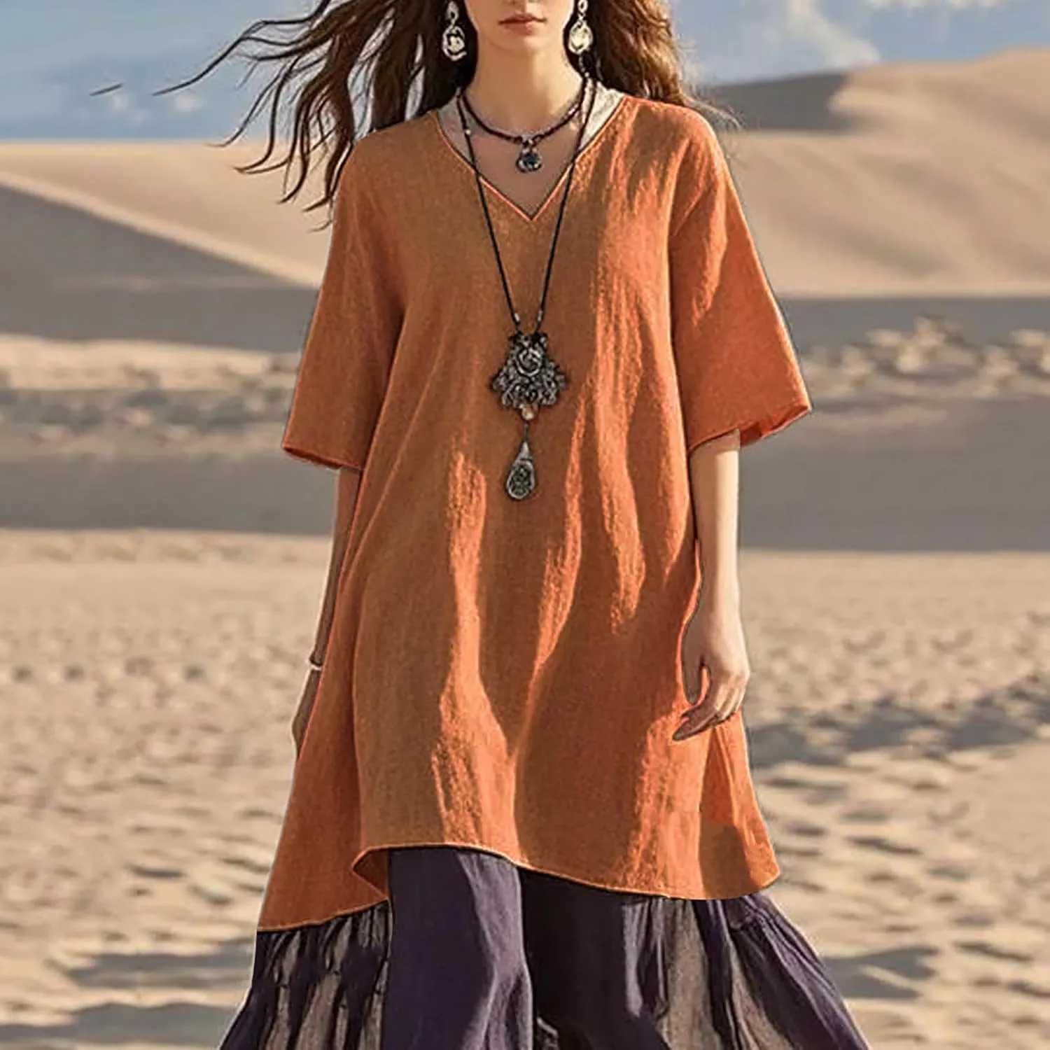 Plus Size Patchwork T Shirt Dress Women Summer Half Sleeve V Neck Flowy A-Line Dresses Color Block Fake Two Pieces