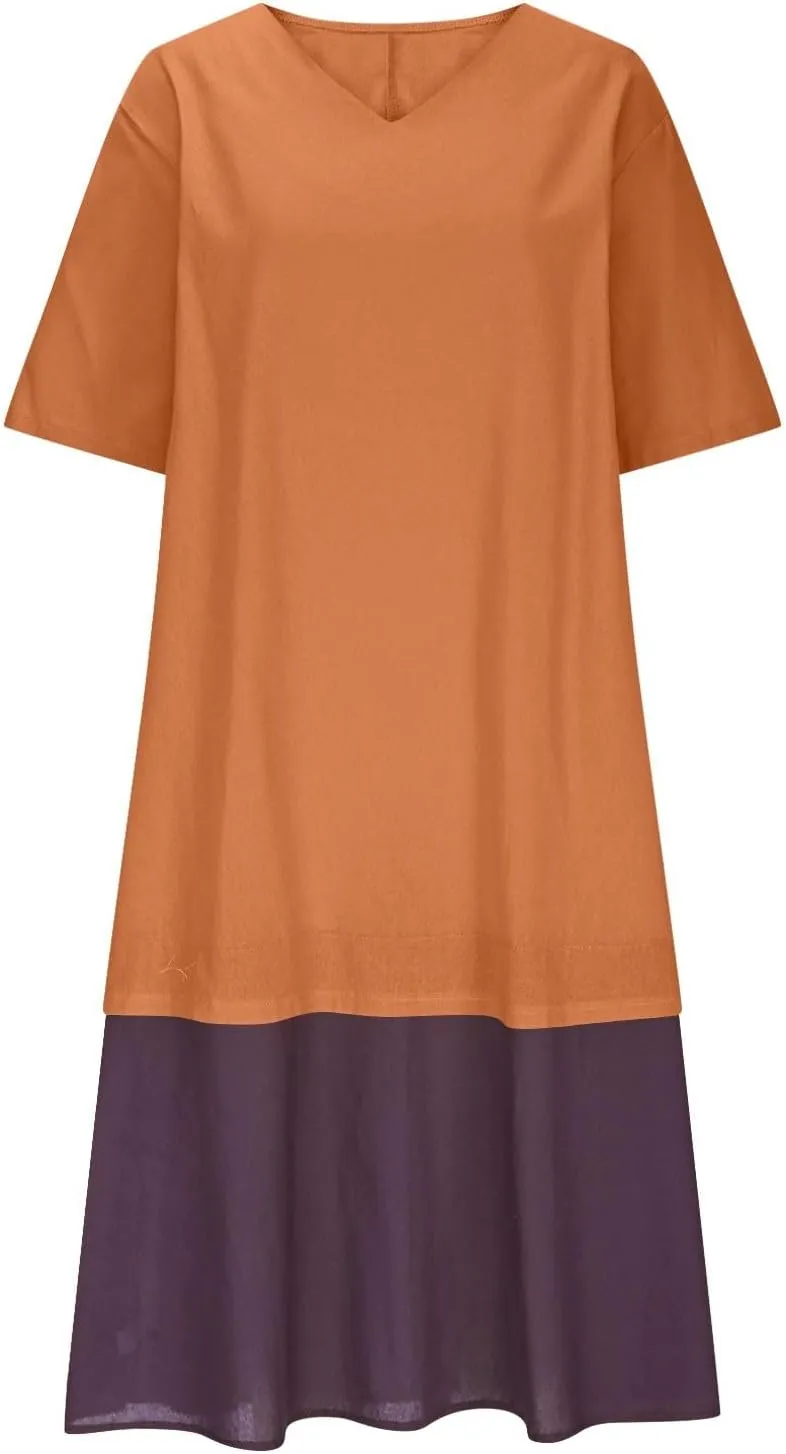 Plus Size Patchwork T Shirt Dress Women Summer Half Sleeve V Neck Flowy A-Line Dresses Color Block Fake Two Pieces