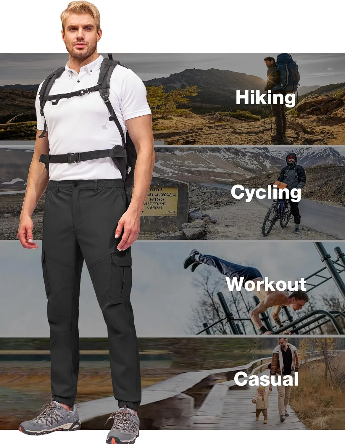PULI Men's Waterproof Hiking Pants, Slim Fit Cargo Joggers, Stretch Quick Dry Outdoor Pants with Pockets