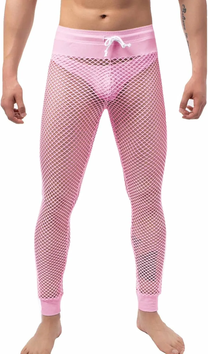 QiaTi Men's Fishnet Pants Mesh See Through Muscle Leggings Stretchy Drawstring Long Pants