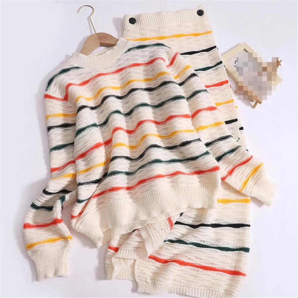 Rainbow Stripe 2-Piece O-Neck Long Sleeve Loose Knit Sweater  Button High Waist Split Long Skirt Set for Women