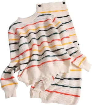 Rainbow Stripe 2-Piece O-Neck Long Sleeve Loose Knit Sweater  Button High Waist Split Long Skirt Set for Women
