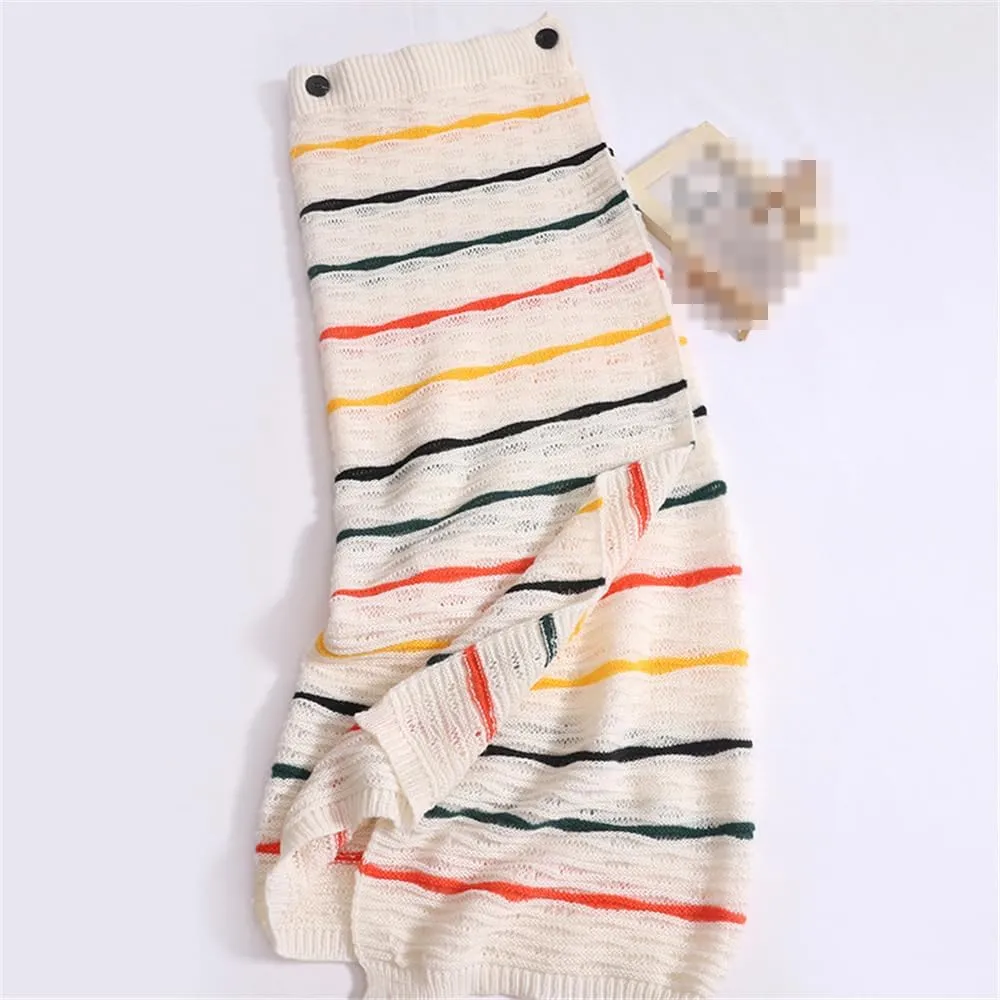 Rainbow Stripe 2-Piece O-Neck Long Sleeve Loose Knit Sweater  Button High Waist Split Long Skirt Set for Women