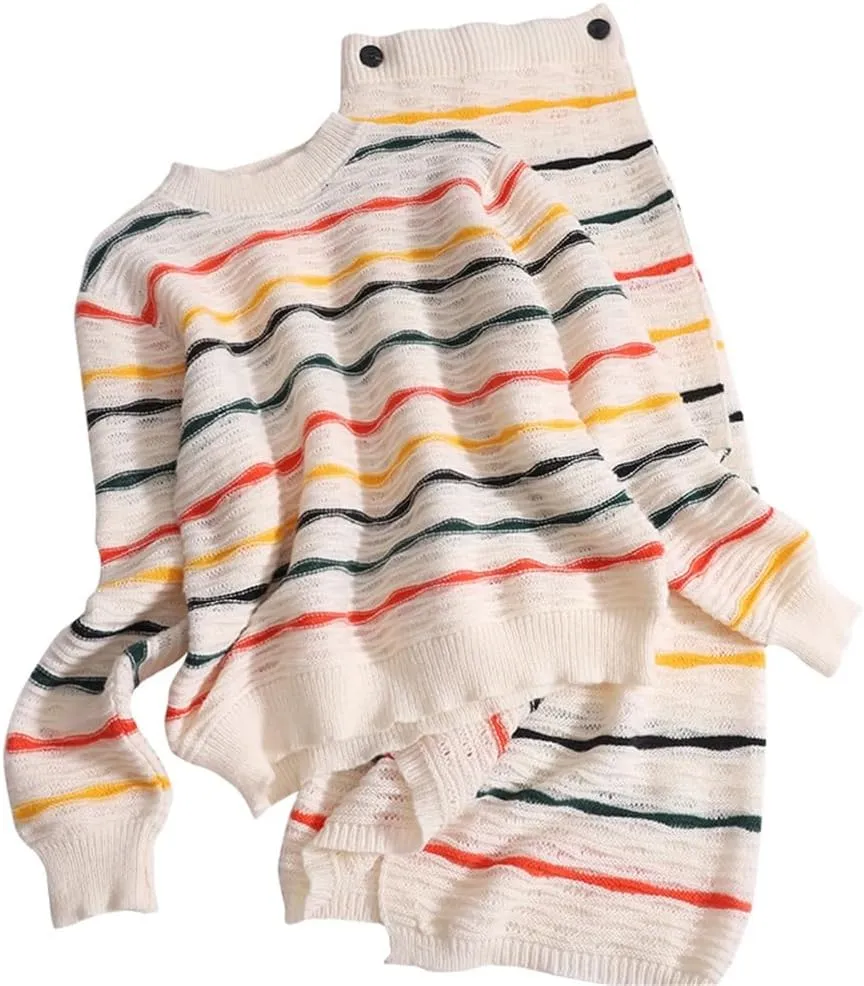 Rainbow Stripe 2-Piece O-Neck Long Sleeve Loose Knit Sweater  Button High Waist Split Long Skirt Set for Women