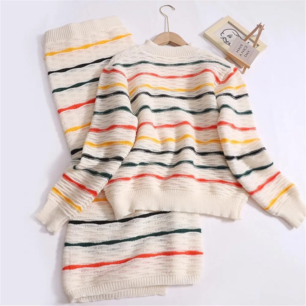 Rainbow Stripe 2-Piece O-Neck Long Sleeve Loose Knit Sweater  Button High Waist Split Long Skirt Set for Women