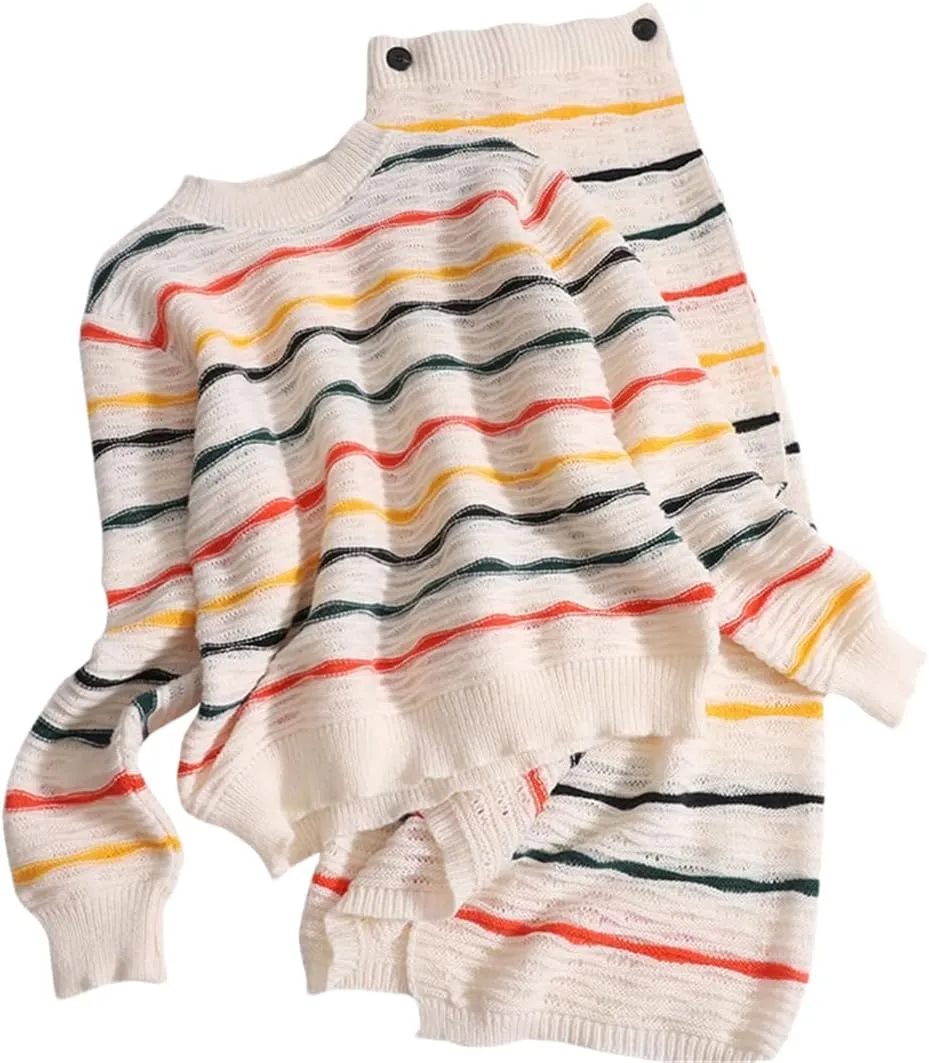 Rainbow Stripe 2-Piece O-Neck Long Sleeve Loose Knit Sweater  Button High Waist Split Long Skirt Set for Women