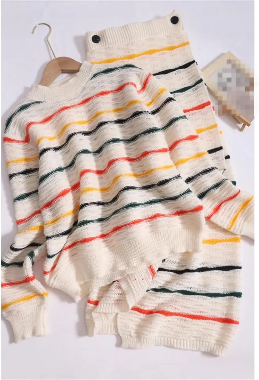 Rainbow Stripe 2-Piece O-Neck Long Sleeve Loose Knit Sweater  Button High Waist Split Long Skirt Set for Women