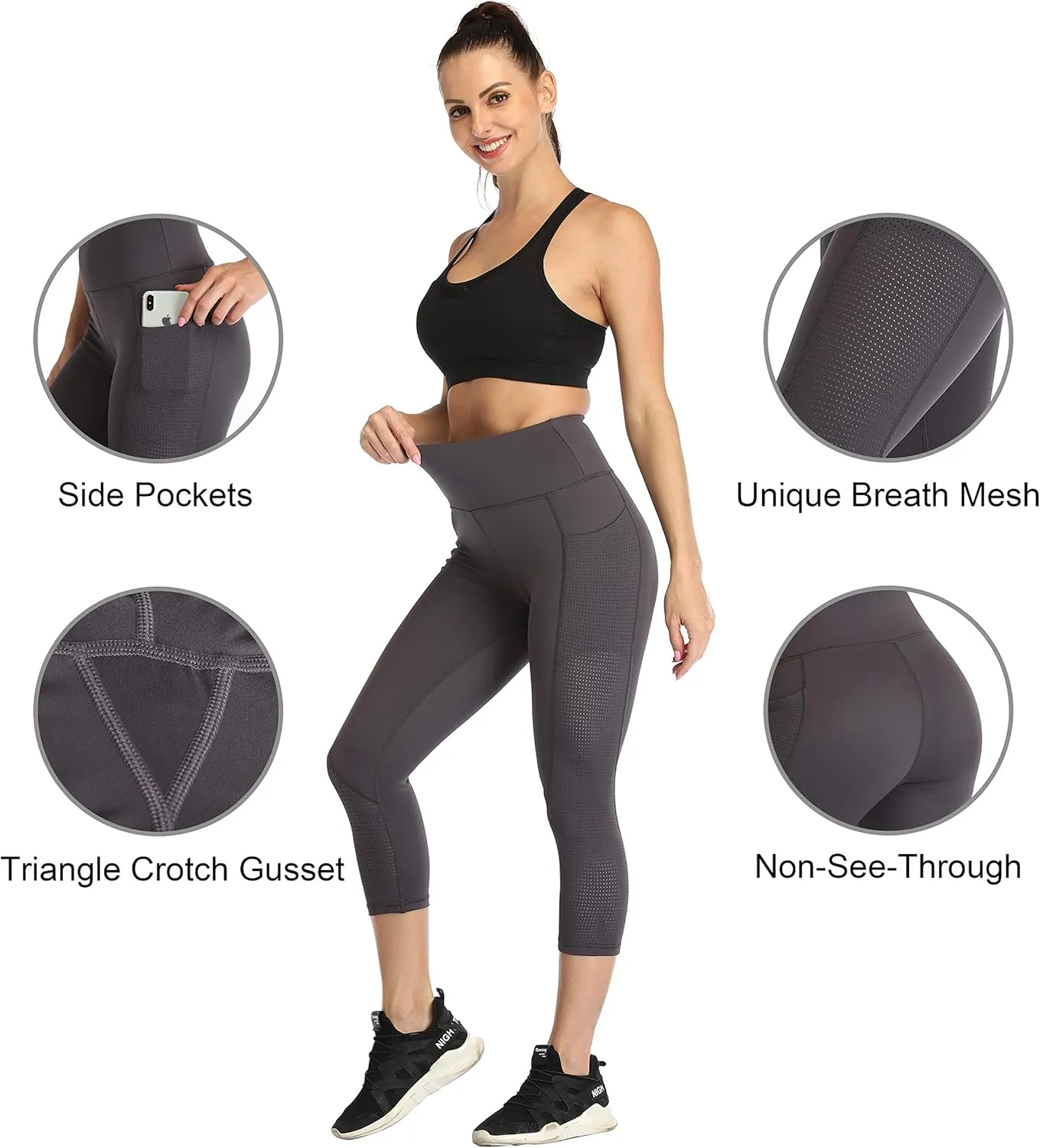 RAYPOSE Womens Workout Leggings for Women with Pockets Plus Size Gym High Waist Capri Yoga Pants Women with Mesh Cut Out