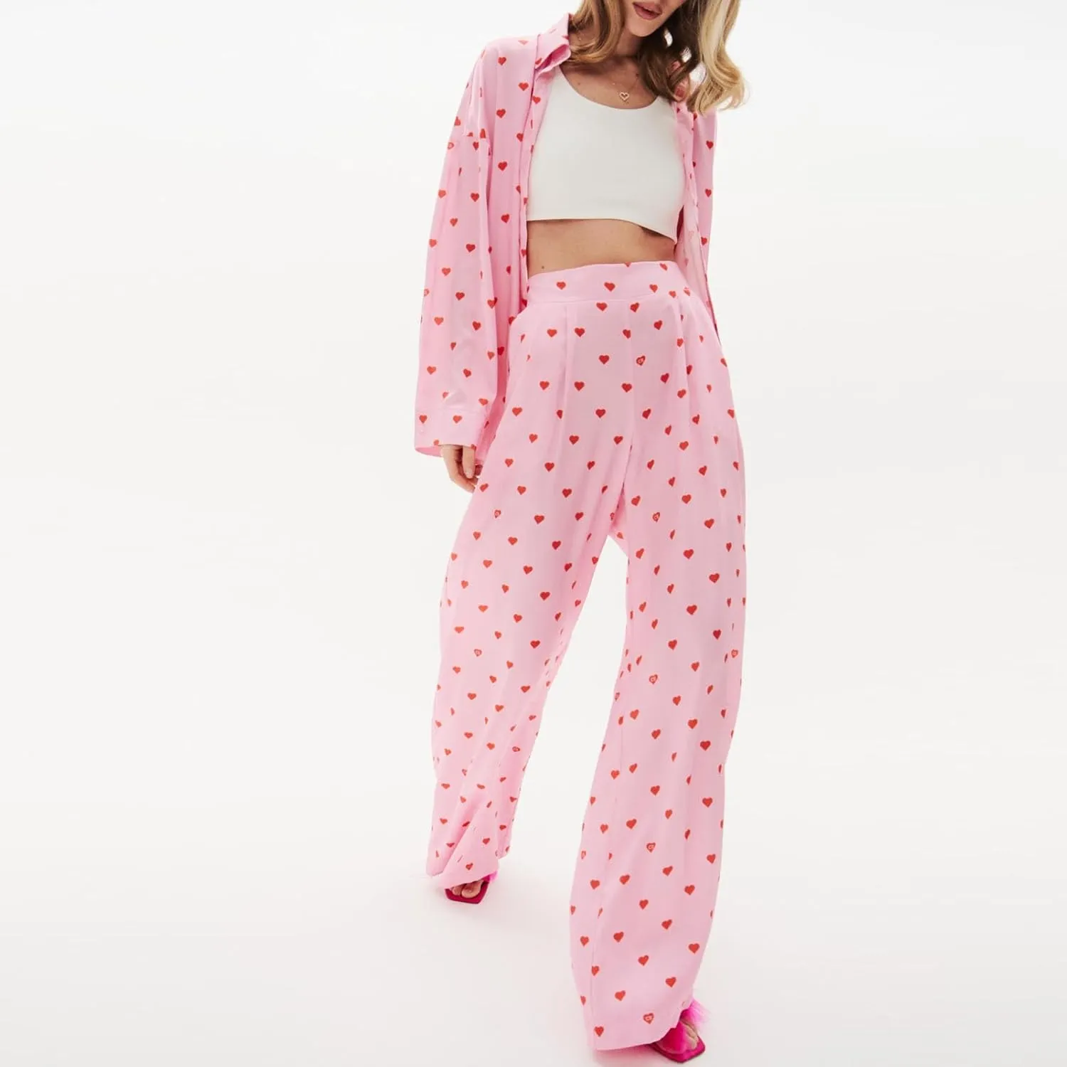 RUEWEY Women 2 Piece Pajama Set Heart Print Long Sleeves Button Down Lapel Shirt Long Pants Matching Sets Loungewear