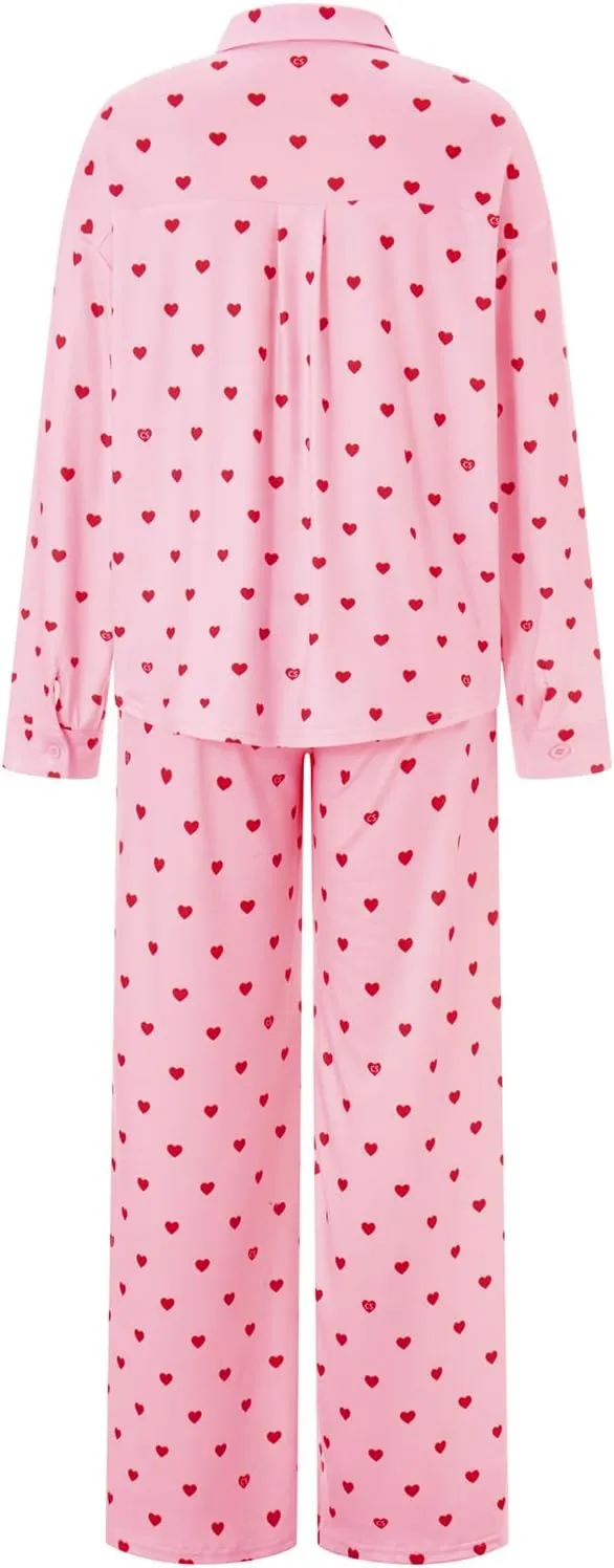 RUEWEY Women 2 Piece Pajama Set Heart Print Long Sleeves Button Down Lapel Shirt Long Pants Matching Sets Loungewear