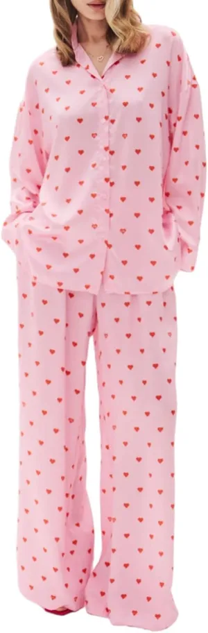 RUEWEY Women 2 Piece Pajama Set Heart Print Long Sleeves Button Down Lapel Shirt Long Pants Matching Sets Loungewear