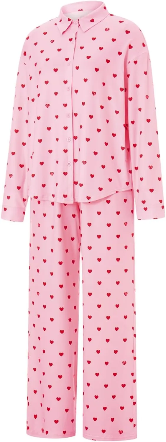RUEWEY Women 2 Piece Pajama Set Heart Print Long Sleeves Button Down Lapel Shirt Long Pants Matching Sets Loungewear