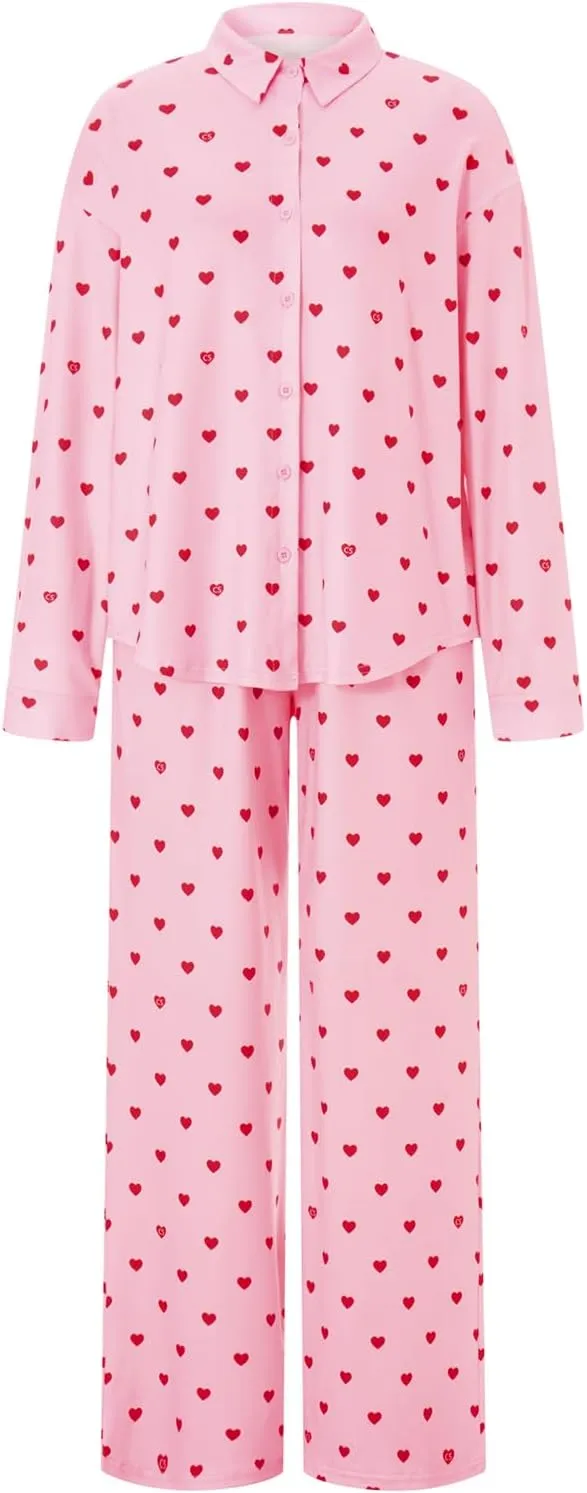 RUEWEY Women 2 Piece Pajama Set Heart Print Long Sleeves Button Down Lapel Shirt Long Pants Matching Sets Loungewear