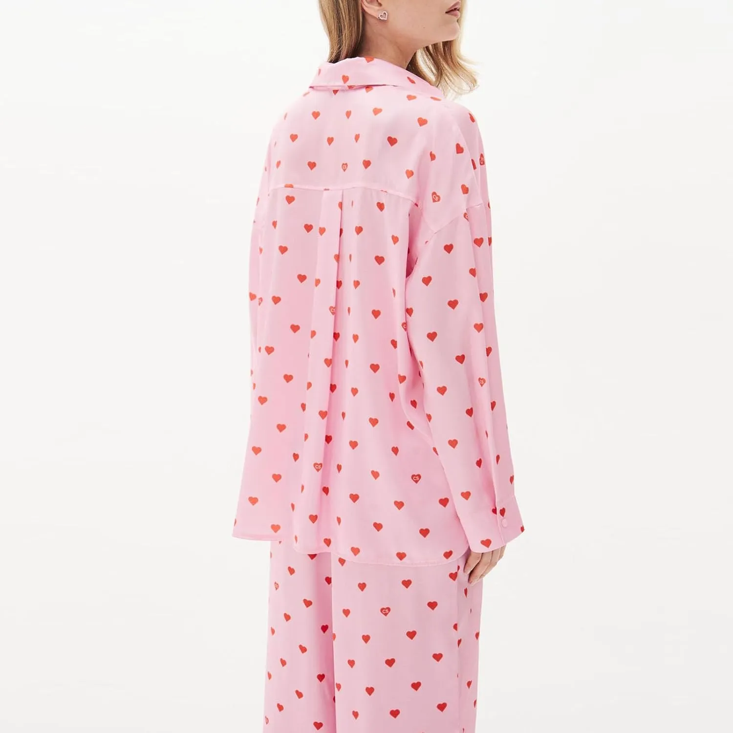 RUEWEY Women 2 Piece Pajama Set Heart Print Long Sleeves Button Down Lapel Shirt Long Pants Matching Sets Loungewear