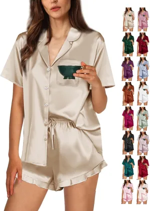 Ruffle Pajama Sets For Women XS-4XL Womens Silk Satin Pajamas Set Silky Sleepwear Pj Sets Nightwear Loungewear