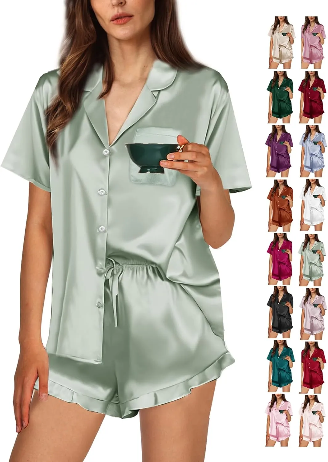 Ruffle Pajama Sets For Women XS-4XL Womens Silk Satin Pajamas Set Silky Sleepwear Pj Sets Nightwear Loungewear
