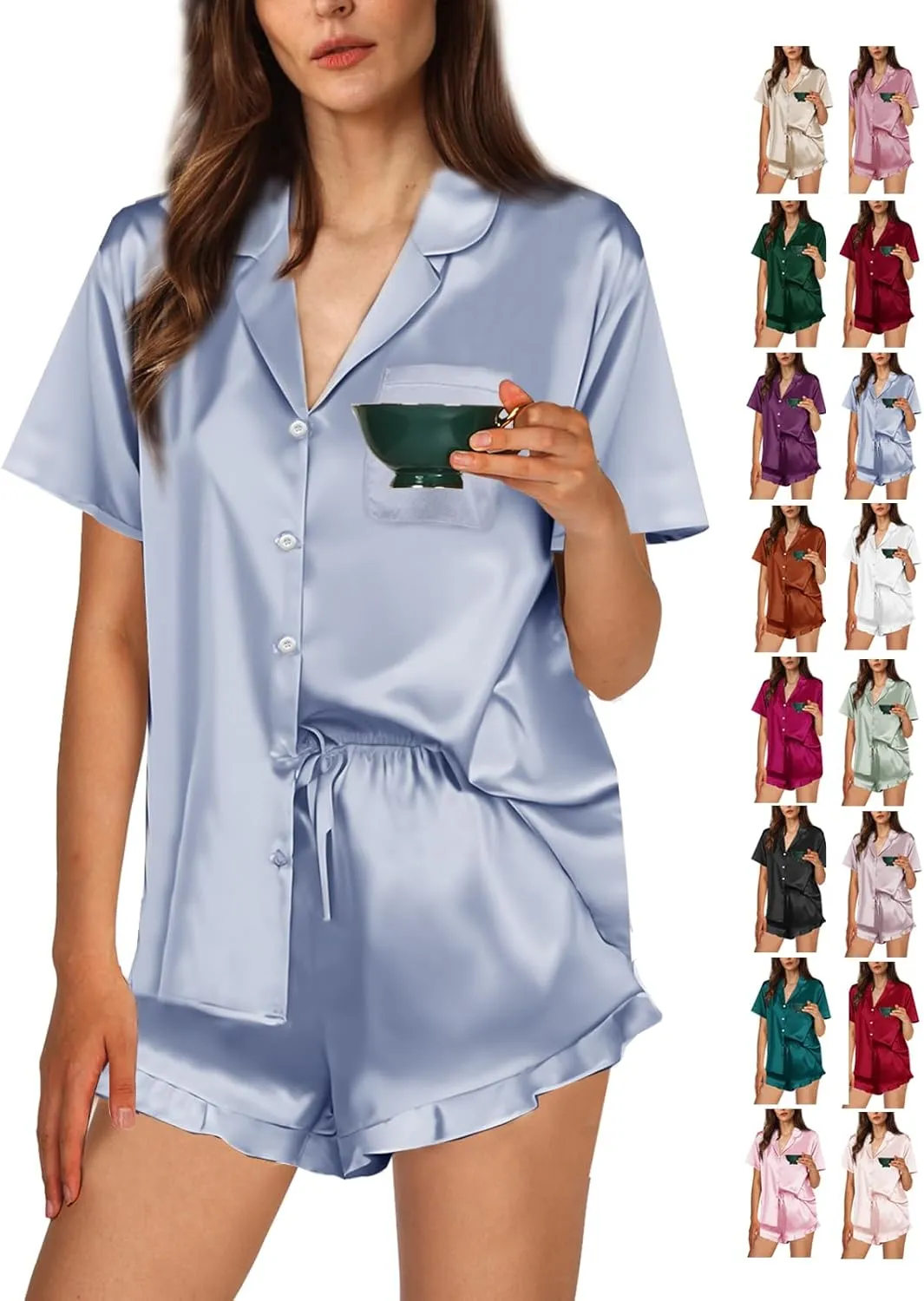 Ruffle Pajama Sets For Women XS-4XL Womens Silk Satin Pajamas Set Silky Sleepwear Pj Sets Nightwear Loungewear