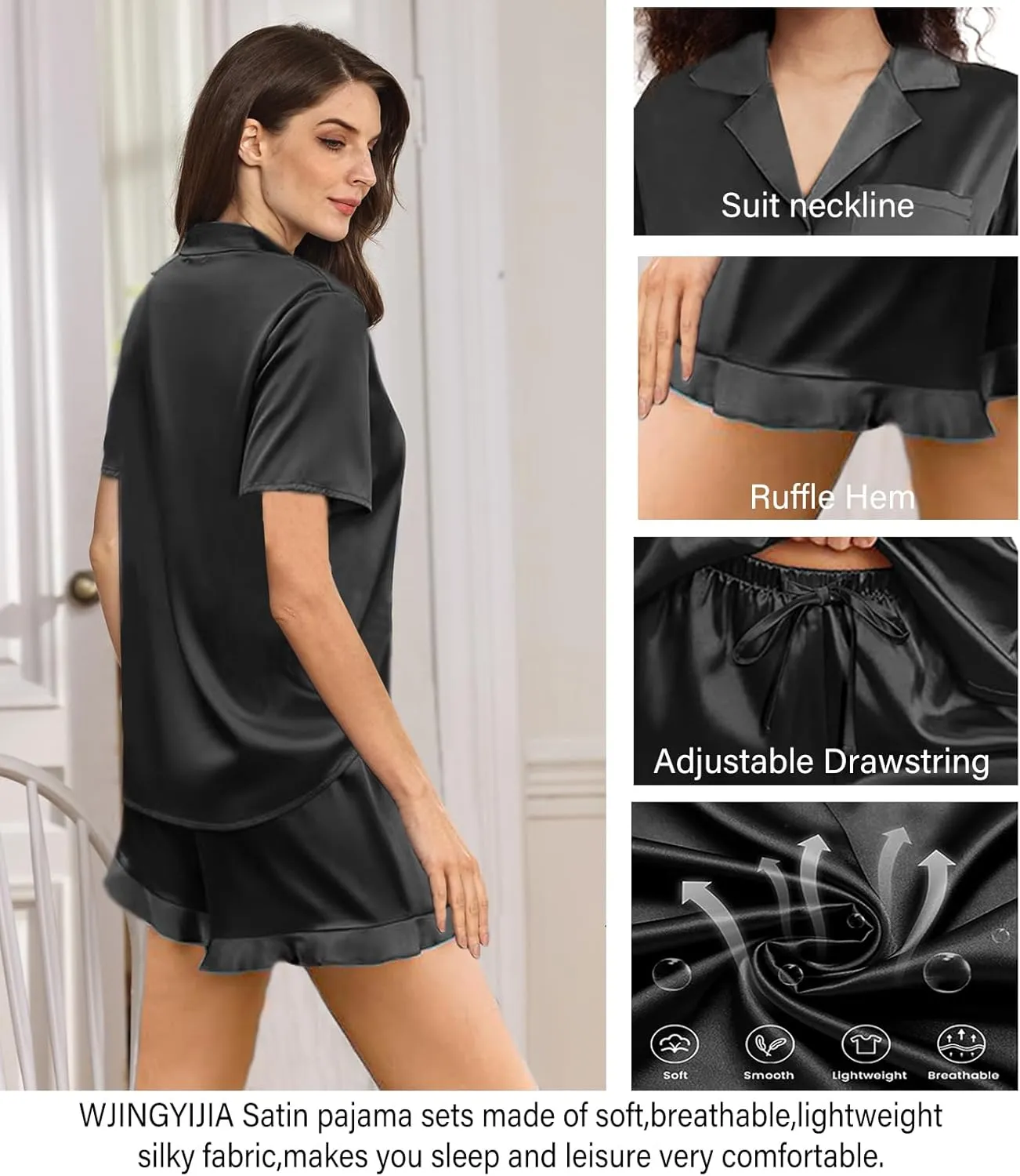 Ruffle Pajama Sets For Women XS-4XL Womens Silk Satin Pajamas Set Silky Sleepwear Pj Sets Nightwear Loungewear