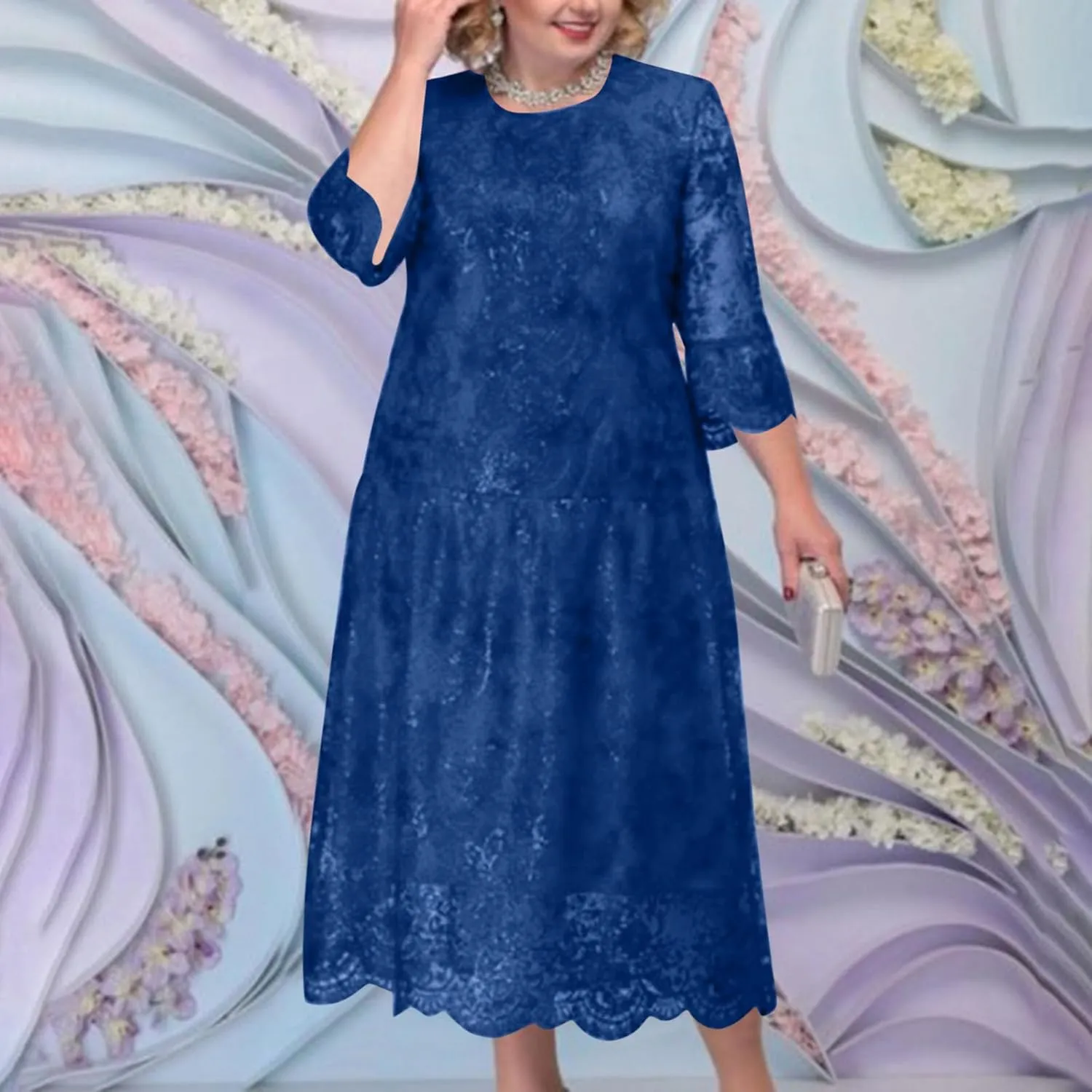 Ruziyoog Womens Elegant Floral lace Midi Dress Plus Size Lace Chiffon Wedding Guest Dresses Formal 3/4 Sleeve Dresses