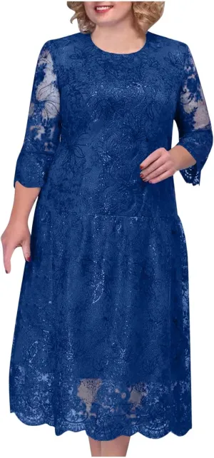 Ruziyoog Womens Elegant Floral lace Midi Dress Plus Size Lace Chiffon Wedding Guest Dresses Formal 3/4 Sleeve Dresses