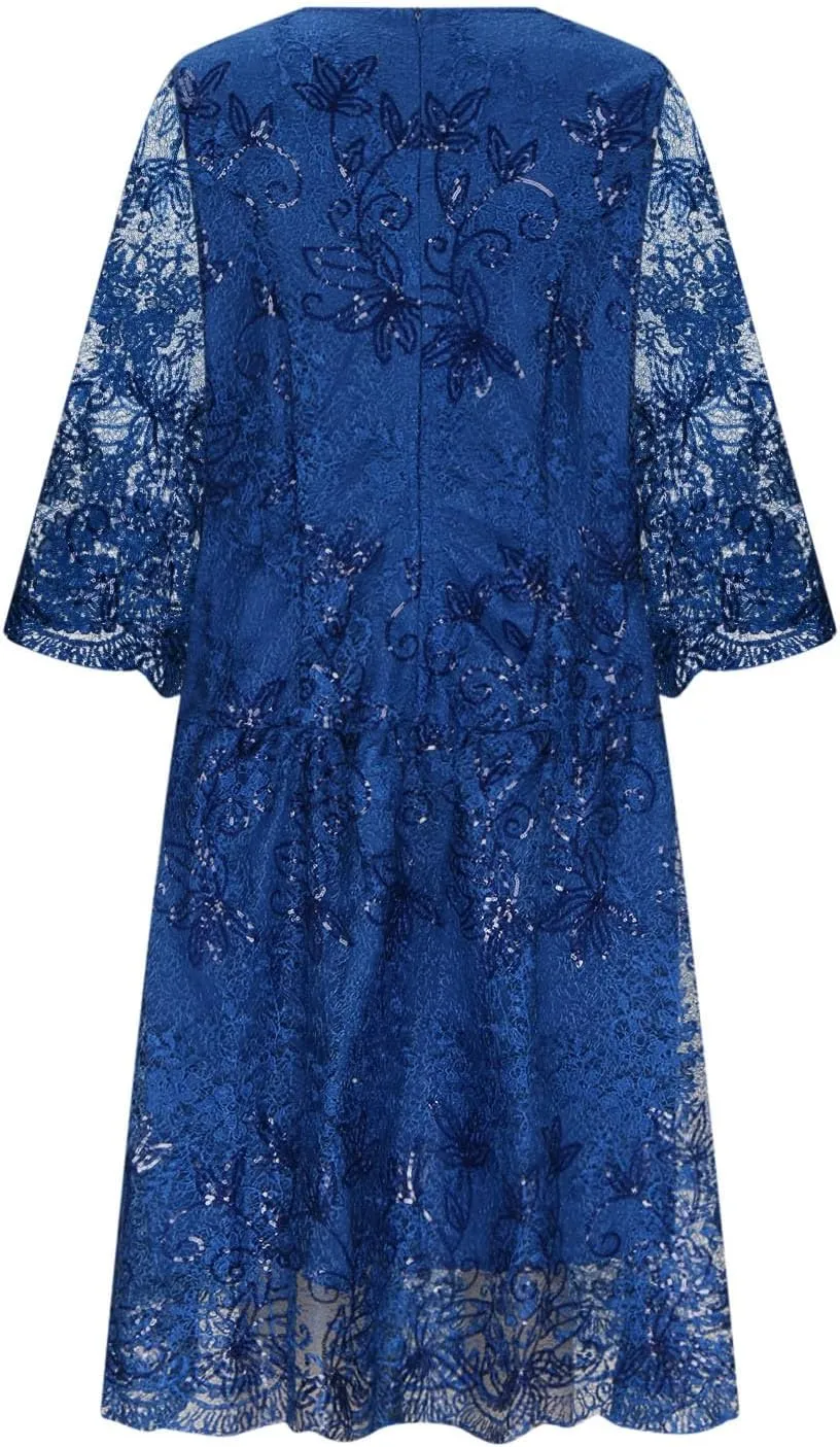 Ruziyoog Womens Elegant Floral lace Midi Dress Plus Size Lace Chiffon Wedding Guest Dresses Formal 3/4 Sleeve Dresses