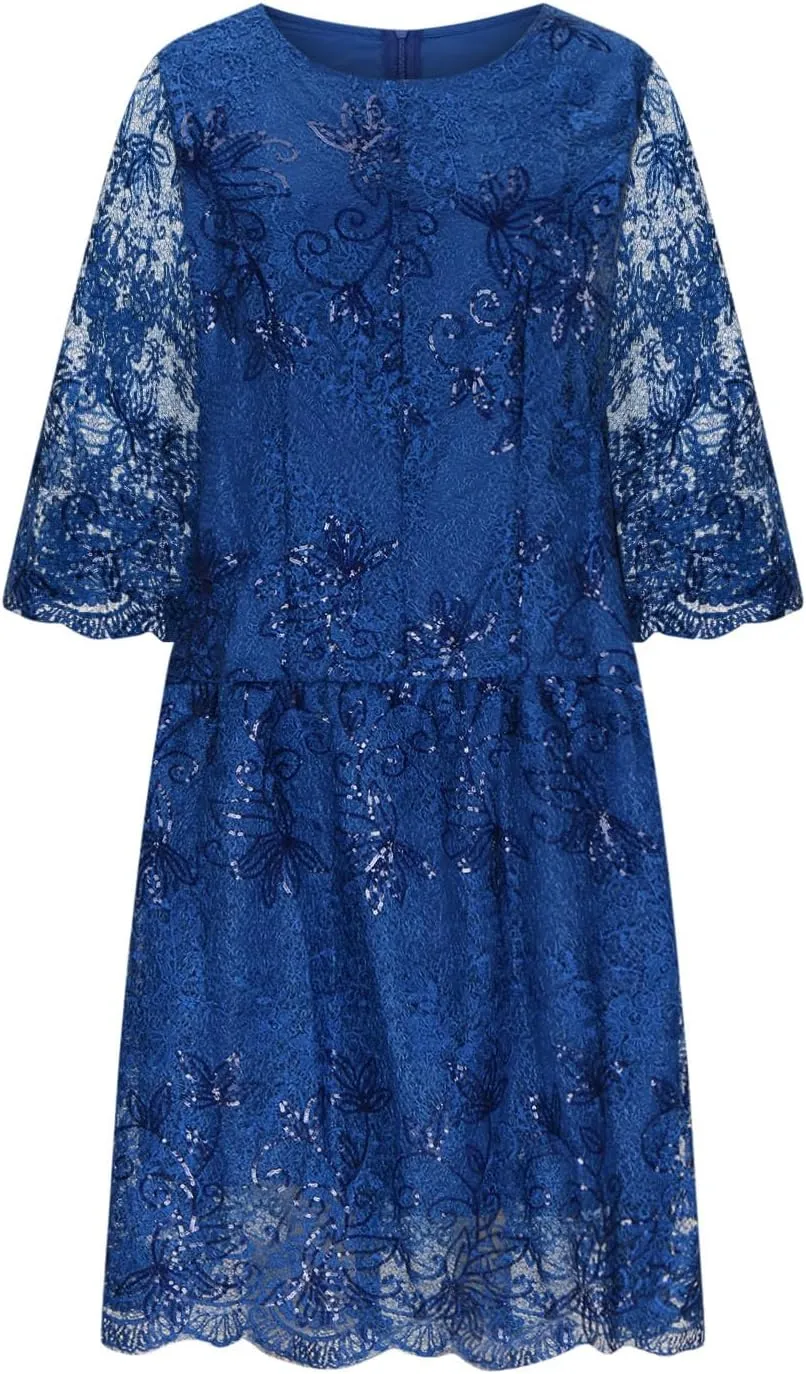Ruziyoog Womens Elegant Floral lace Midi Dress Plus Size Lace Chiffon Wedding Guest Dresses Formal 3/4 Sleeve Dresses