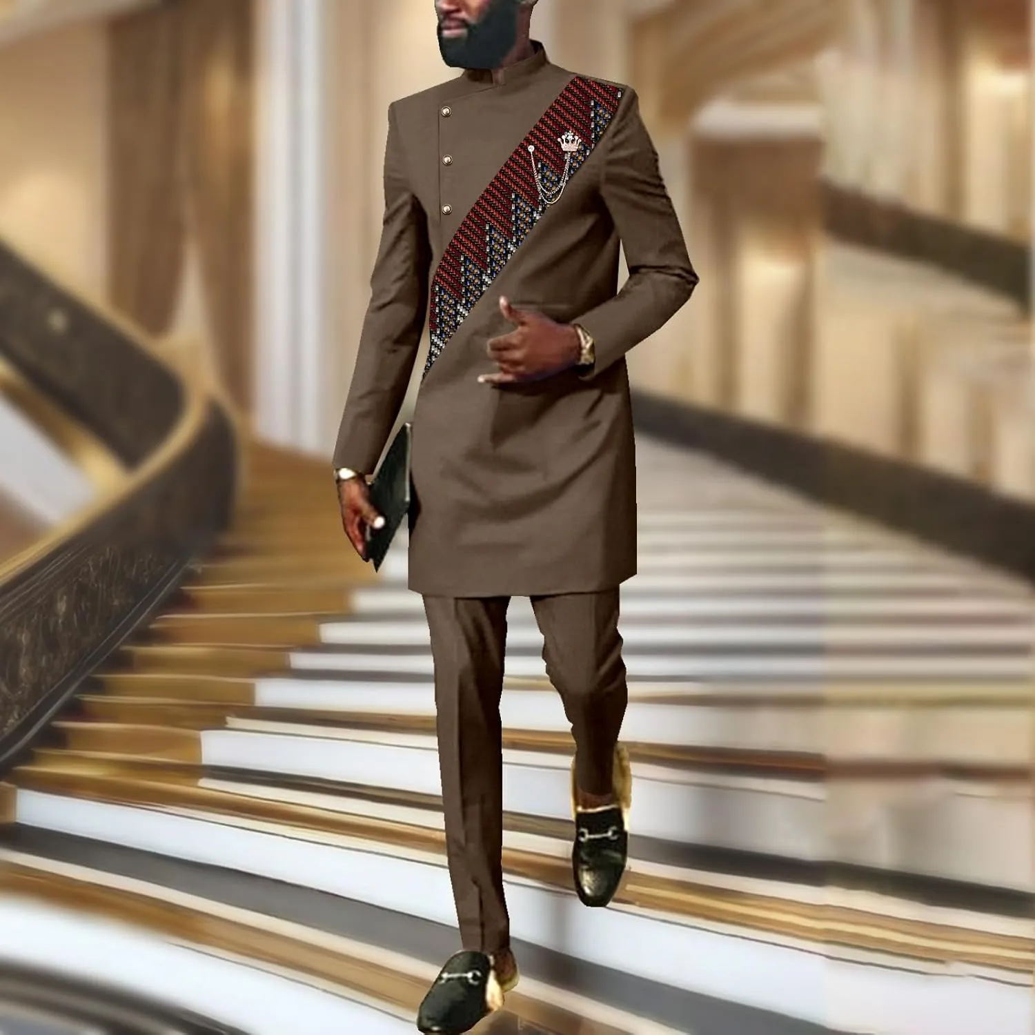 SEA&ALP African Men Dashiki Outfit 2 Piece Suit Shirt and Pants Set Slim Fit Wedding Dress Attire Clothing