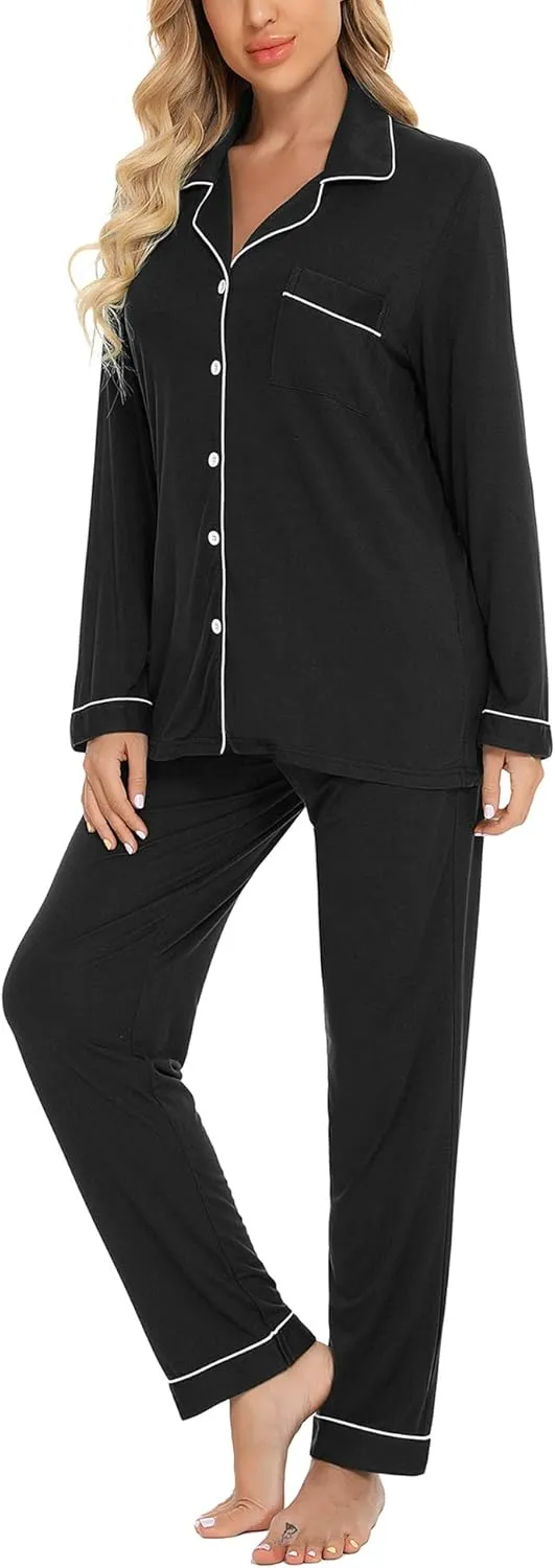 Senert Pajamas Set For Women Long Sleeve Sleepwear Soft Button Down Shirt with Long Pants Pj Lounge Sets S-XXL