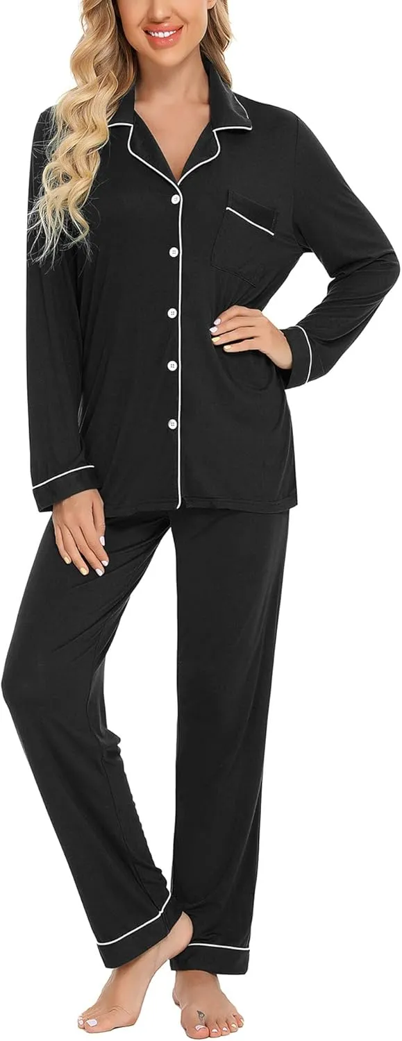 Senert Pajamas Set For Women Long Sleeve Sleepwear Soft Button Down Shirt with Long Pants Pj Lounge Sets S-XXL
