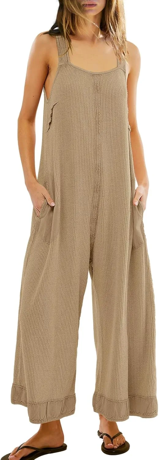 SENSERISE Womens Wide Leg Jumpsuits Waffle Knit Open Back Romper with Pockets Casual Loose Overalls