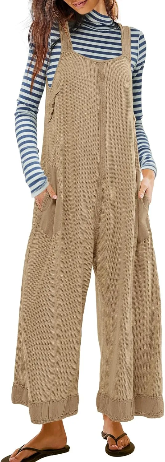 SENSERISE Womens Wide Leg Jumpsuits Waffle Knit Open Back Romper with Pockets Casual Loose Overalls
