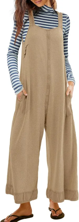 SENSERISE Womens Wide Leg Jumpsuits Waffle Knit Open Back Romper with Pockets Casual Loose Overalls