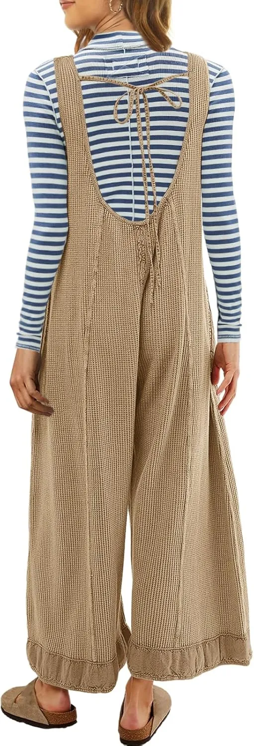 SENSERISE Womens Wide Leg Jumpsuits Waffle Knit Open Back Romper with Pockets Casual Loose Overalls