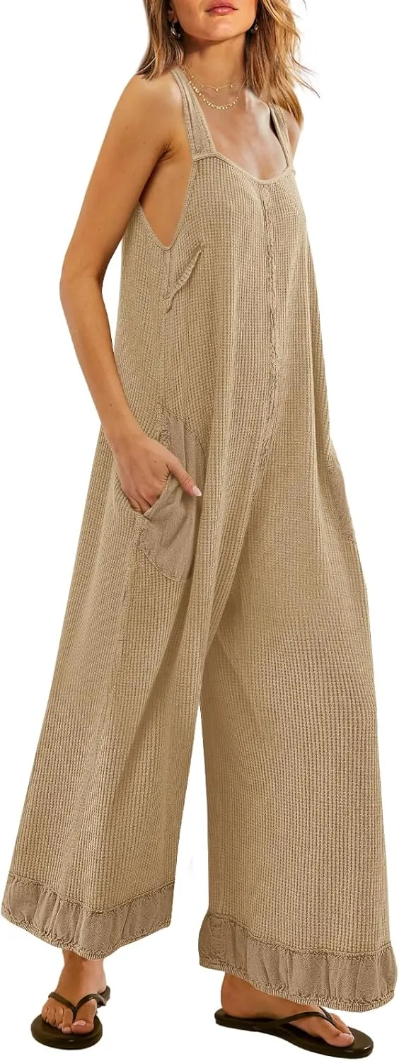 SENSERISE Womens Wide Leg Jumpsuits Waffle Knit Open Back Romper with Pockets Casual Loose Overalls
