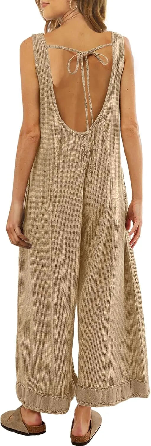 SENSERISE Womens Wide Leg Jumpsuits Waffle Knit Open Back Romper with Pockets Casual Loose Overalls