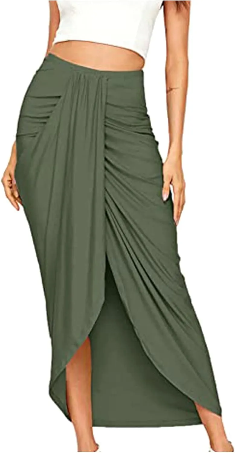 SERYU Women's Casual Slit Wrap Asymmetrical Elastic High Waist Maxi Draped Skirt