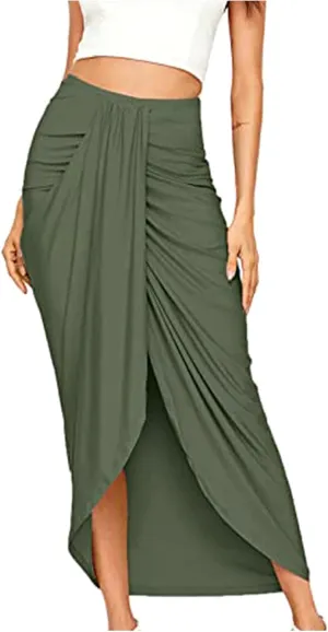 SERYU Women's Casual Slit Wrap Asymmetrical Elastic High Waist Maxi Draped Skirt