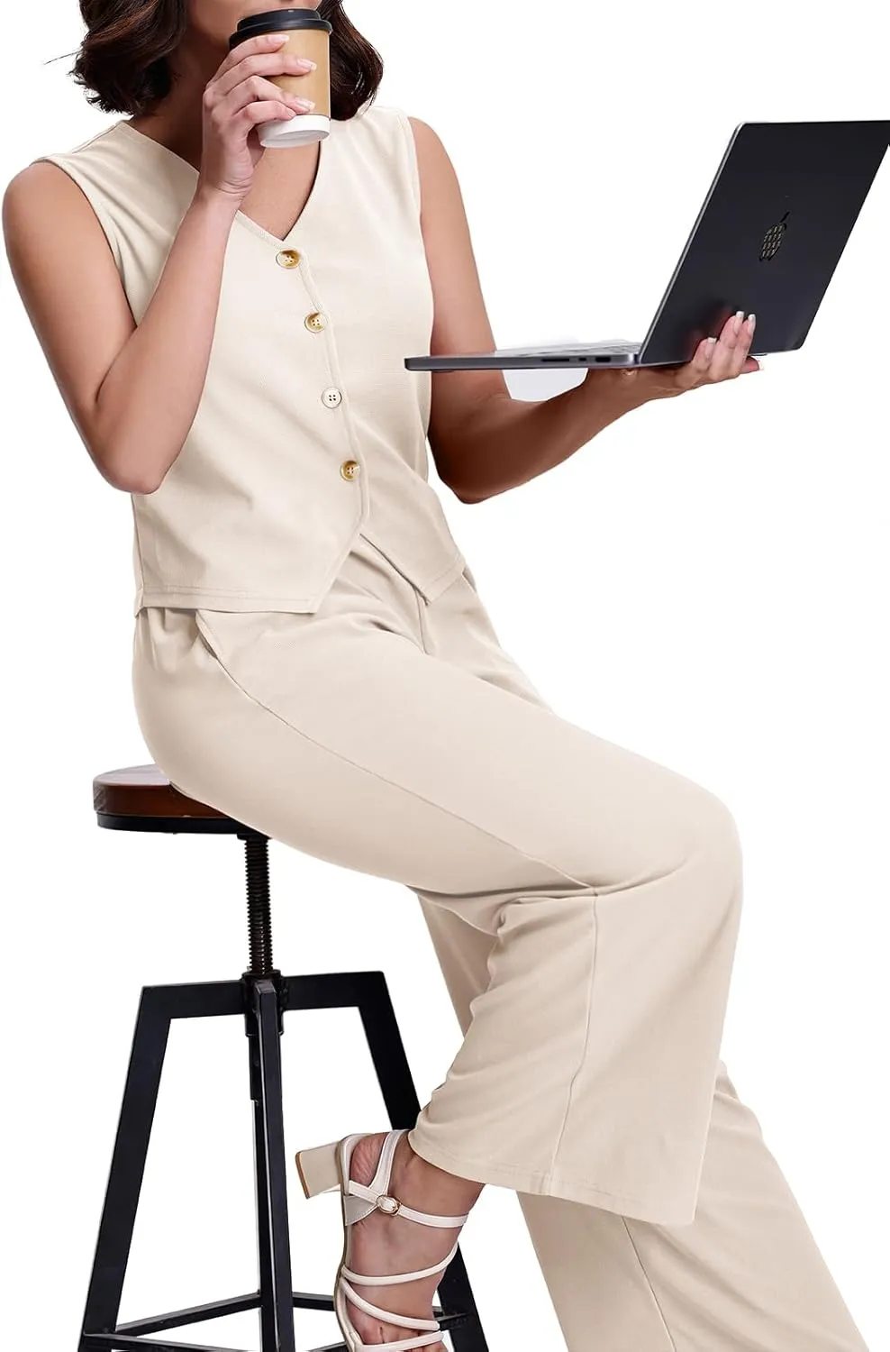 SeSe Code Womens 2 Piece Outfits Business Casual Button Up Vest and Wide Leg Pants Waffle Knit Sleeveless Blazer Suit Set