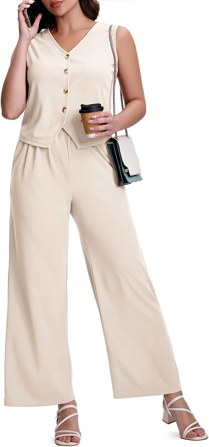 SeSe Code Womens 2 Piece Outfits Business Casual Button Up Vest and Wide Leg Pants Waffle Knit Sleeveless Blazer Suit Set