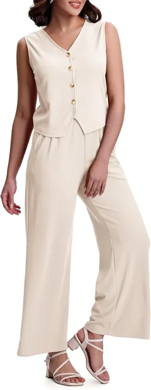 SeSe Code Womens 2 Piece Outfits Business Casual Button Up Vest and Wide Leg Pants Waffle Knit Sleeveless Blazer Suit Set