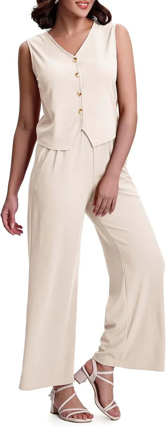 SeSe Code Womens 2 Piece Outfits Business Casual Button Up Vest and Wide Leg Pants Waffle Knit Sleeveless Blazer Suit Set