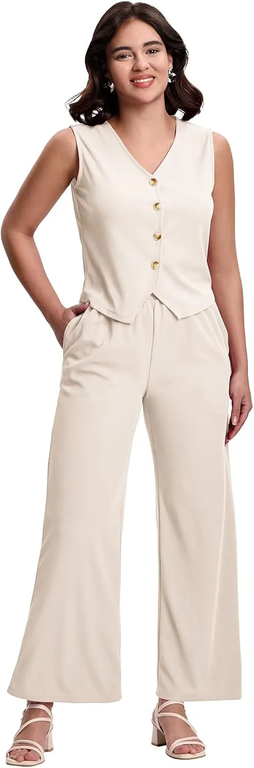 SeSe Code Womens 2 Piece Outfits Business Casual Button Up Vest and Wide Leg Pants Waffle Knit Sleeveless Blazer Suit Set