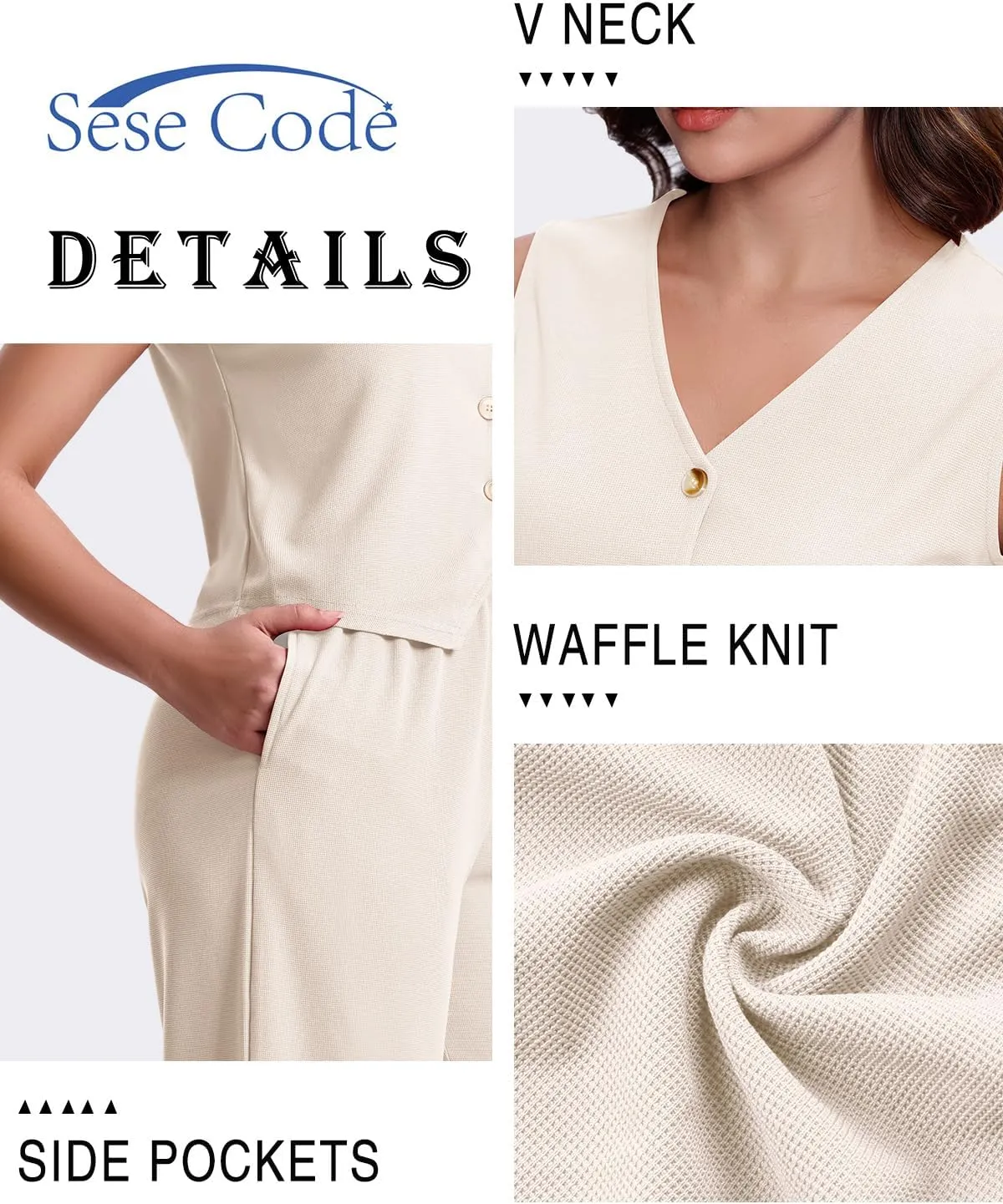 SeSe Code Womens 2 Piece Outfits Business Casual Button Up Vest and Wide Leg Pants Waffle Knit Sleeveless Blazer Suit Set