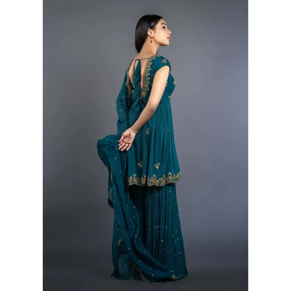 Shahmeen Husain Teal Embroidered Sharara (Set of 3)