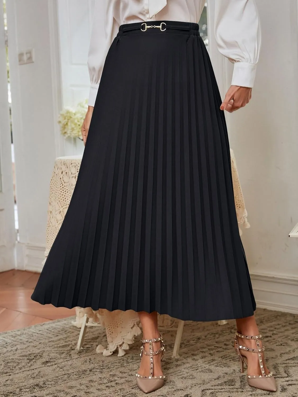 Skirts for Women Trendy Summer 2023 Black High Waist Pleated Elegant Skirt Long Skirt