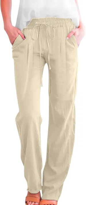 Slim Straight Leg Linen Pants for Women Summer Pants Elastic High Waist Drawstring Beach Trouser Business Work Slacks