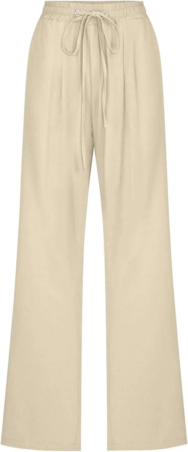 Slim Straight Leg Linen Pants for Women Summer Pants Elastic High Waist Drawstring Beach Trouser Business Work Slacks